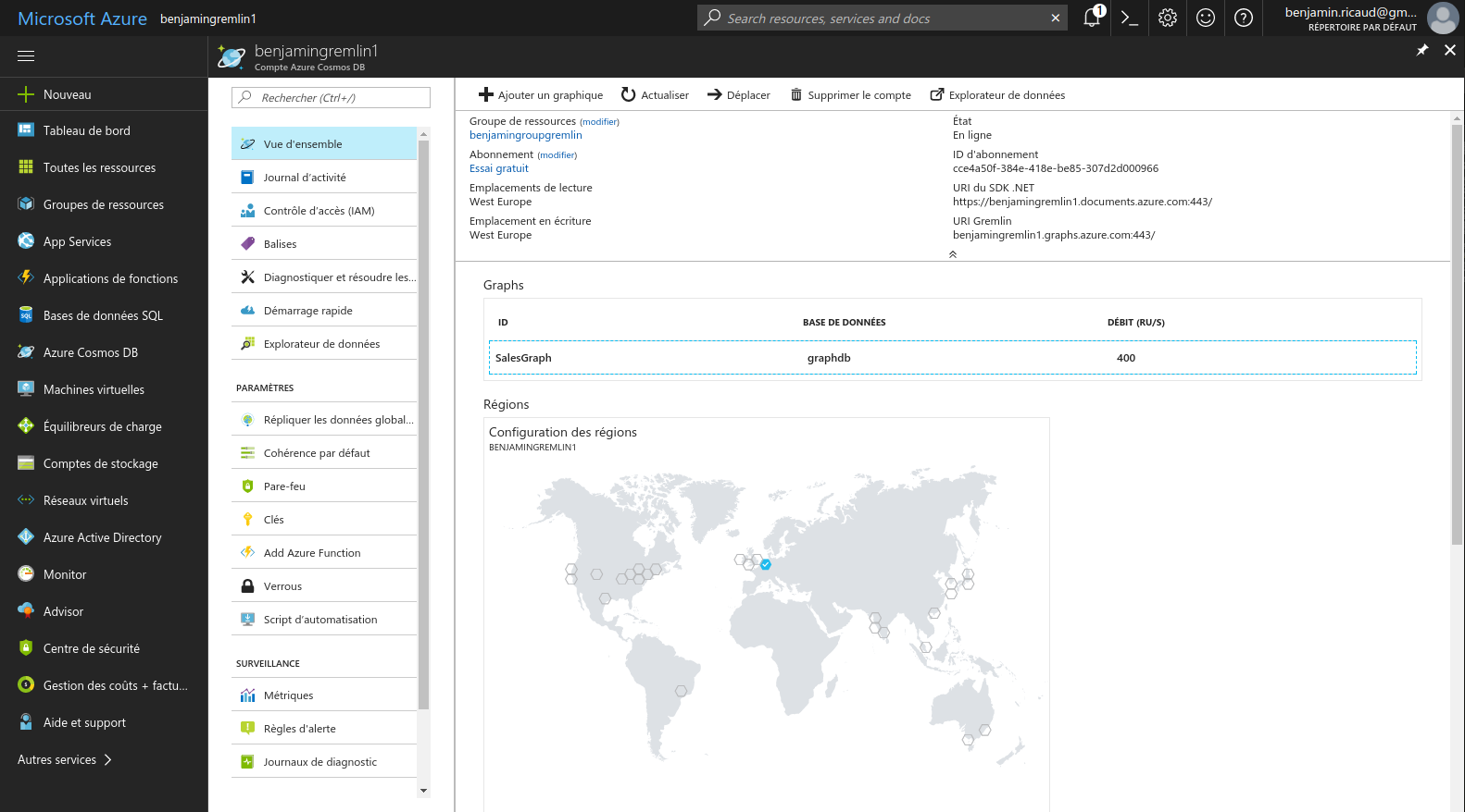 Screenshot of the Cosmos DB dashboard